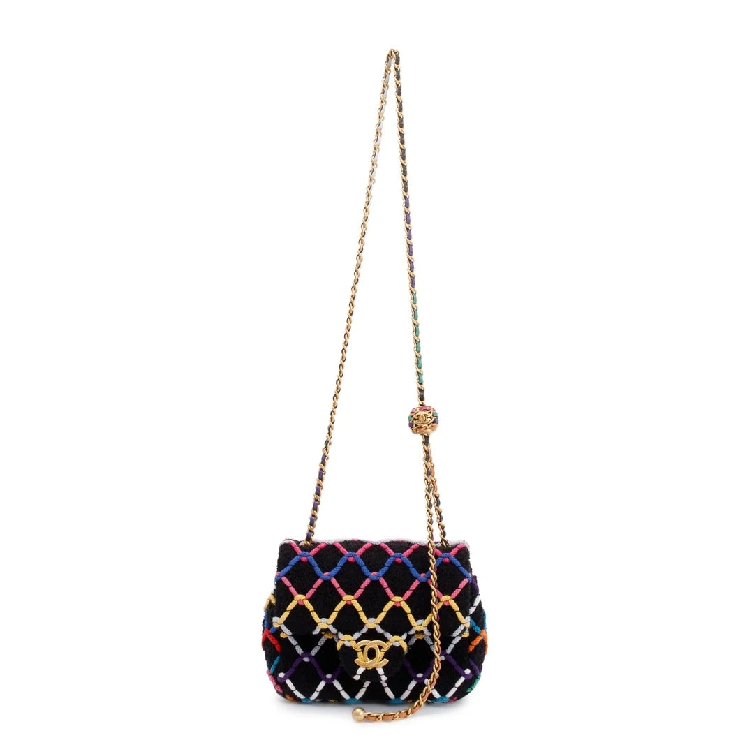 2022 Diamond Threaded Tweed CC Pearl Crush Square Mini Flap Bag