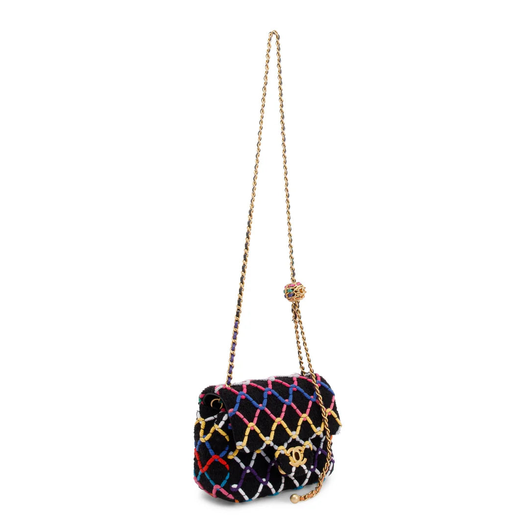 2022 Diamond Threaded Tweed CC Pearl Crush Square Mini Flap Bag