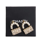 2022 Gold Plated Faux Pearl Purse Drop Earrings w/ Box