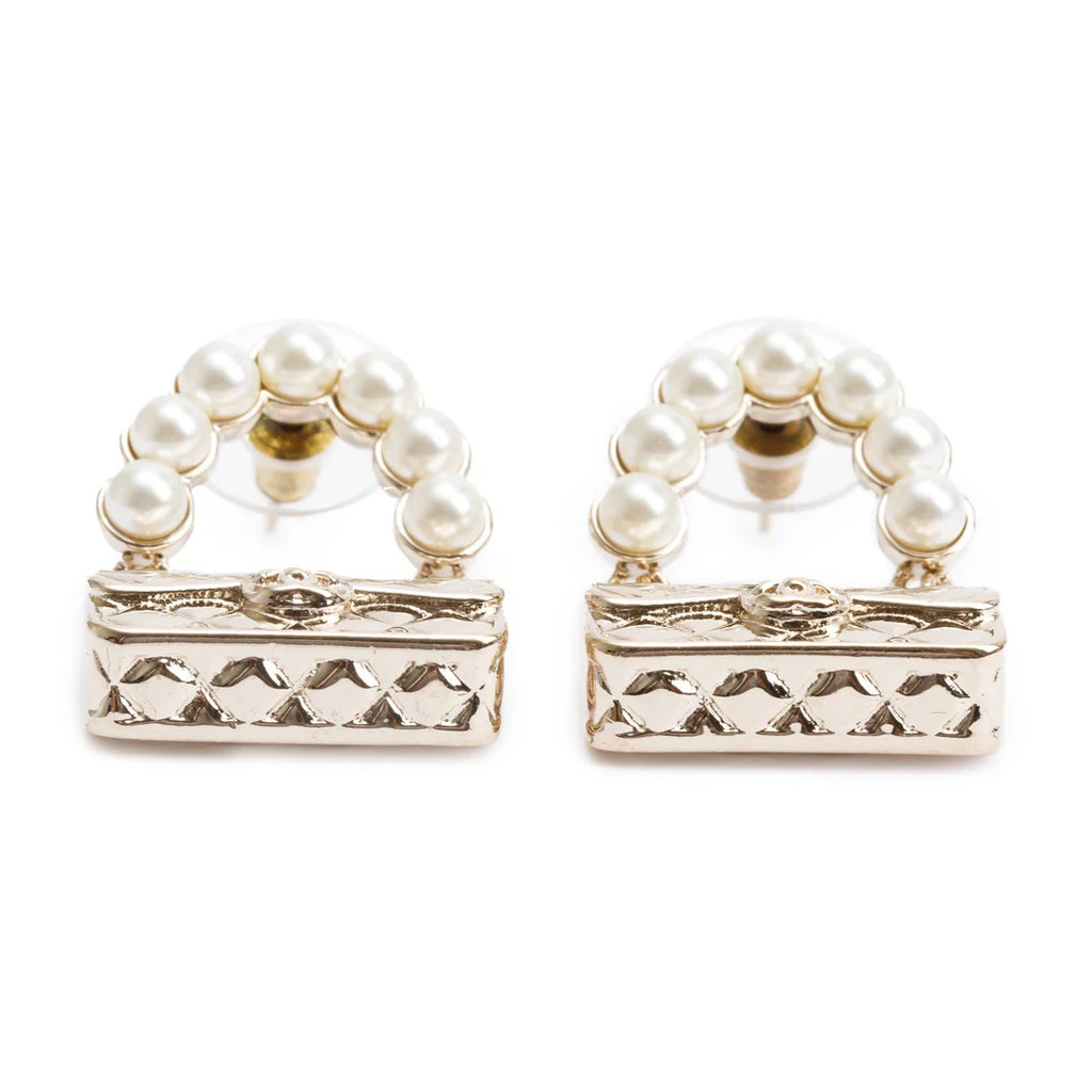 2022 Gold Plated Faux Pearl Purse Drop Earrings w/ Box