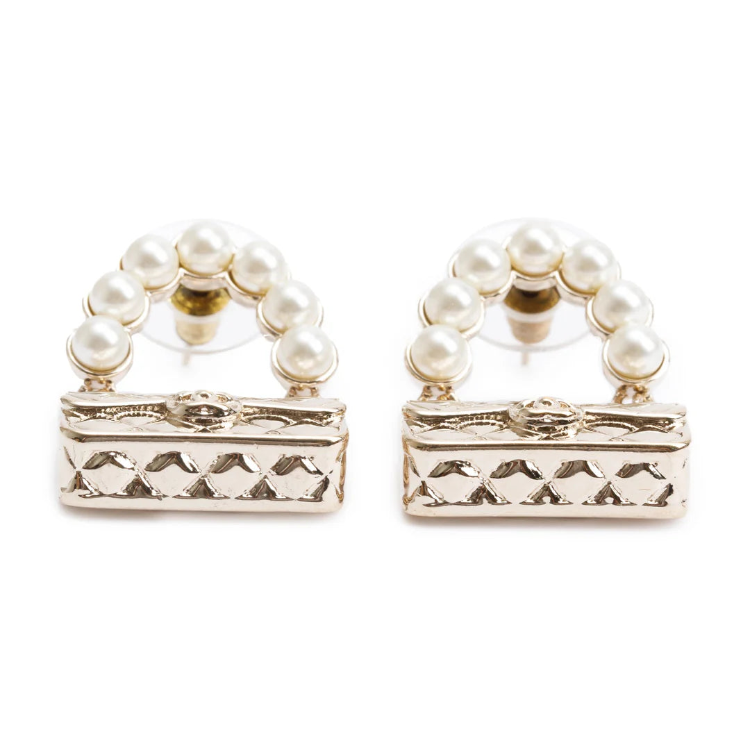 2022 Gold Plated Faux Pearl Purse Drop Earrings w/ Box