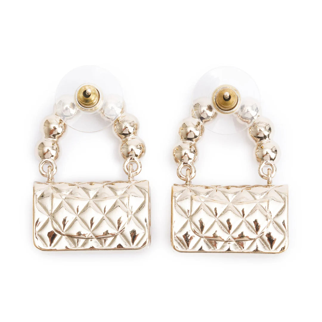 2022 Gold Plated Faux Pearl Purse Drop Earrings w/ Box