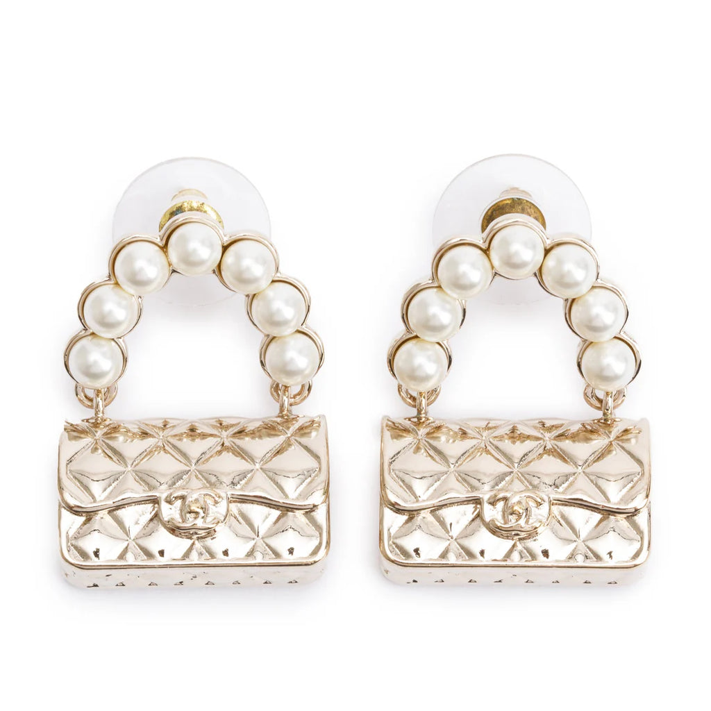 2022 Gold Plated Faux Pearl Purse Drop Earrings w/ Box