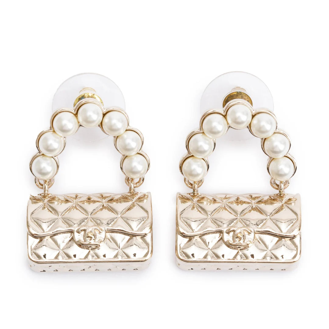 2022 Gold Plated Faux Pearl Purse Drop Earrings w/ Box