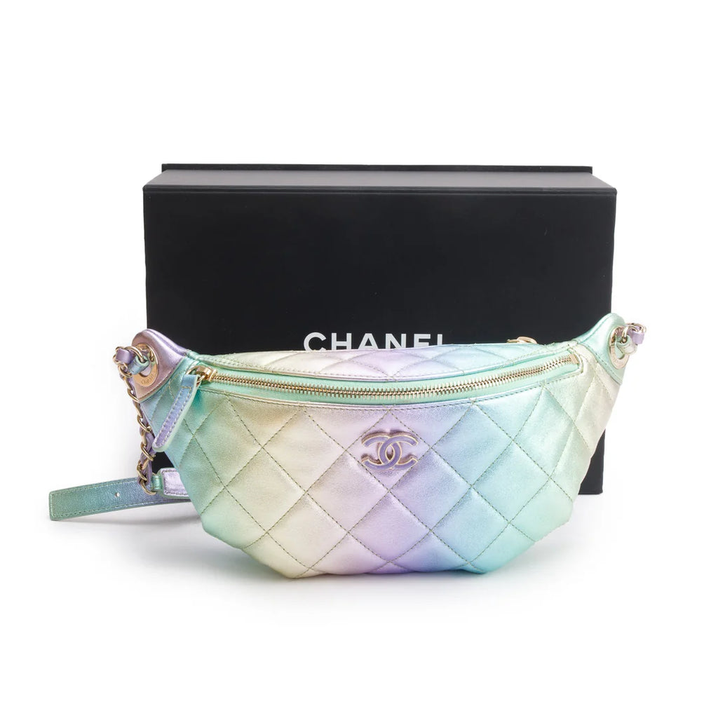 2024 Iridescent Rainbow Metallic Quilted Calfskin Leather Belt Bag w/ Box