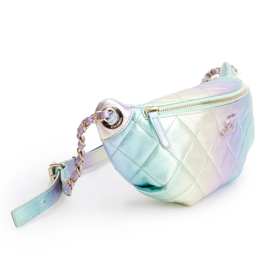 2024 Iridescent Rainbow Metallic Quilted Calfskin Leather Belt Bag w/ Box