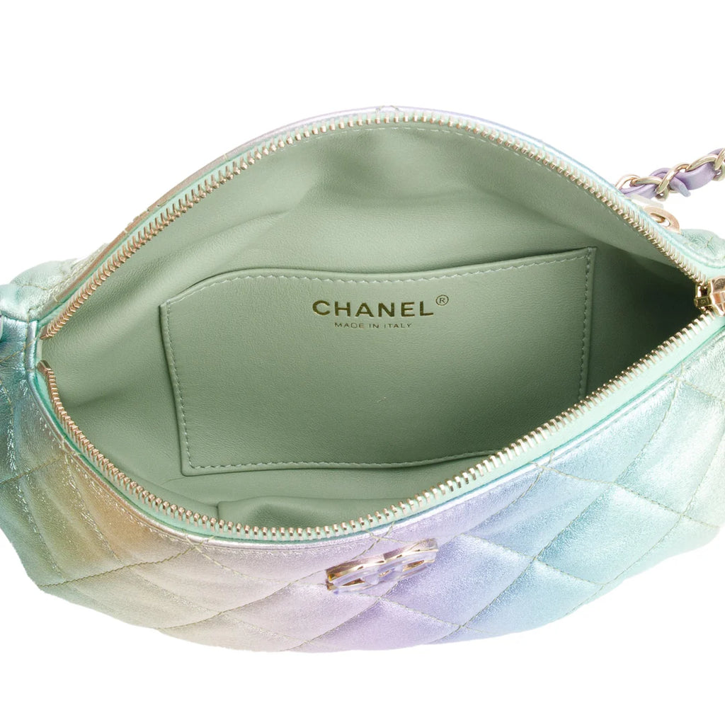 2024 Iridescent Rainbow Metallic Quilted Calfskin Leather Belt Bag w/ Box