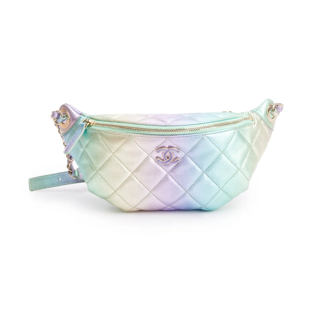 2024 Iridescent Rainbow Metallic Quilted Calfskin Leather Belt Bag w/ Box