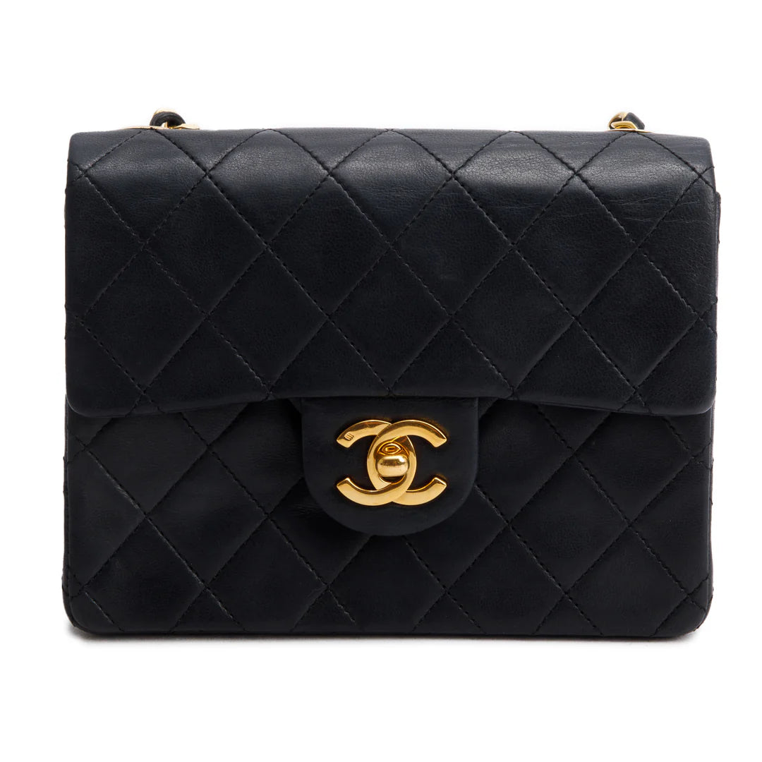 Vintage Black Lambskin Classic Mini Square Flap w/ Authenticity Card