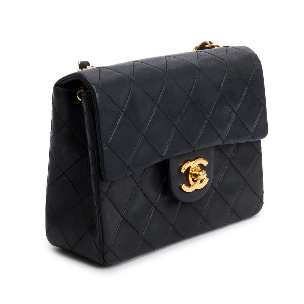 Vintage Black Lambskin Classic Mini Square Flap w/ Authenticity Card