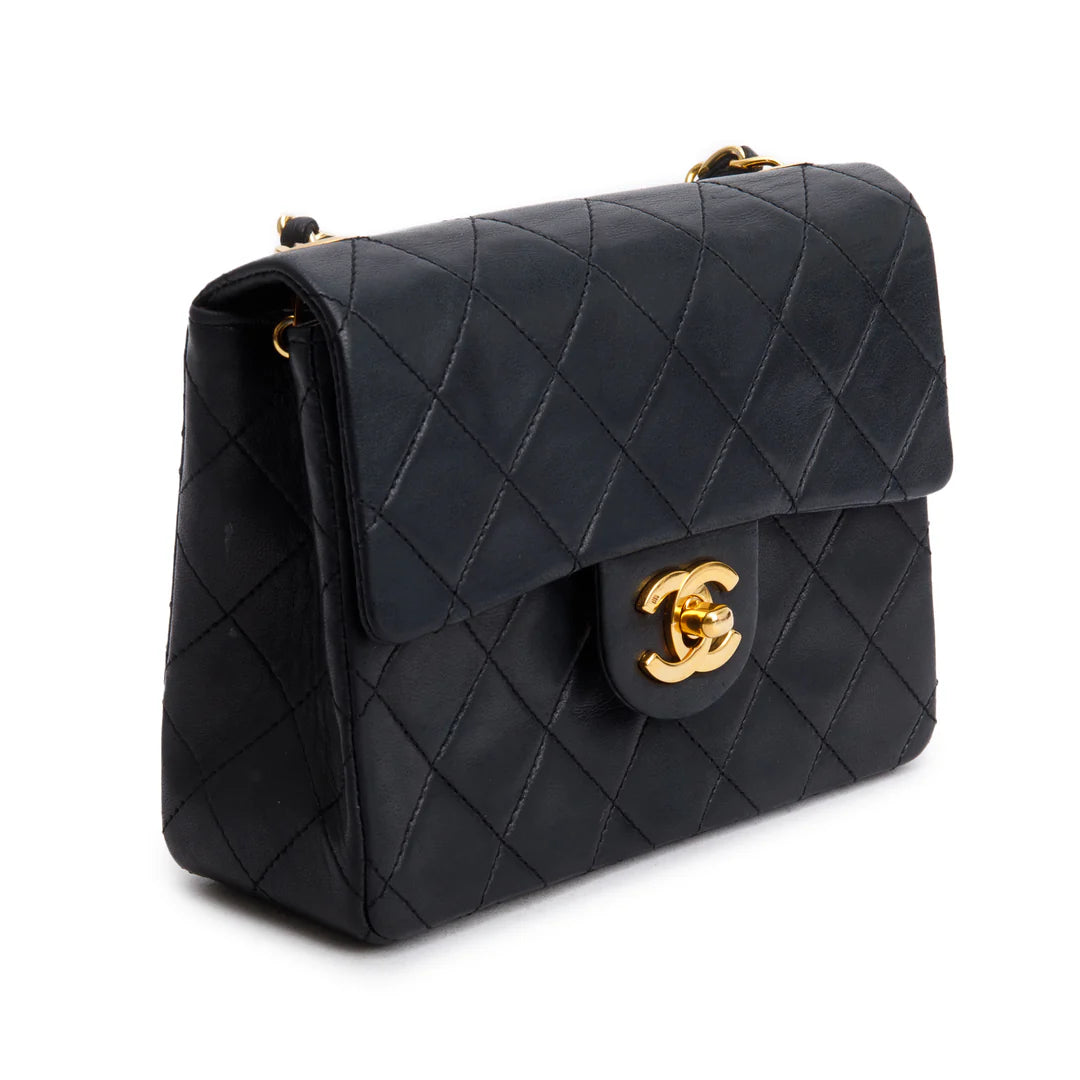 Vintage Black Lambskin Classic Mini Square Flap w/ Authenticity Card