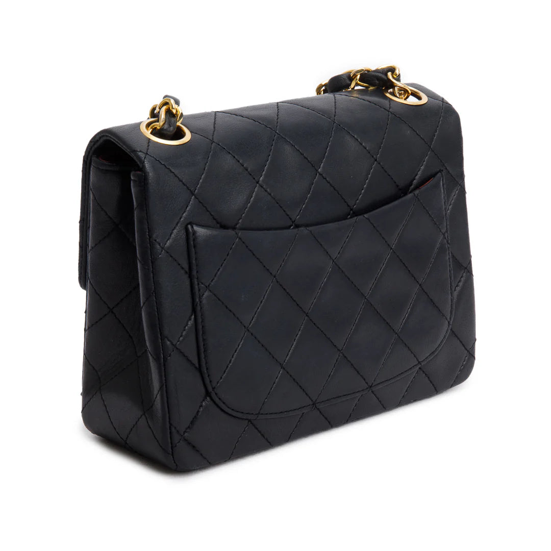 Vintage Black Lambskin Classic Mini Square Flap w/ Authenticity Card