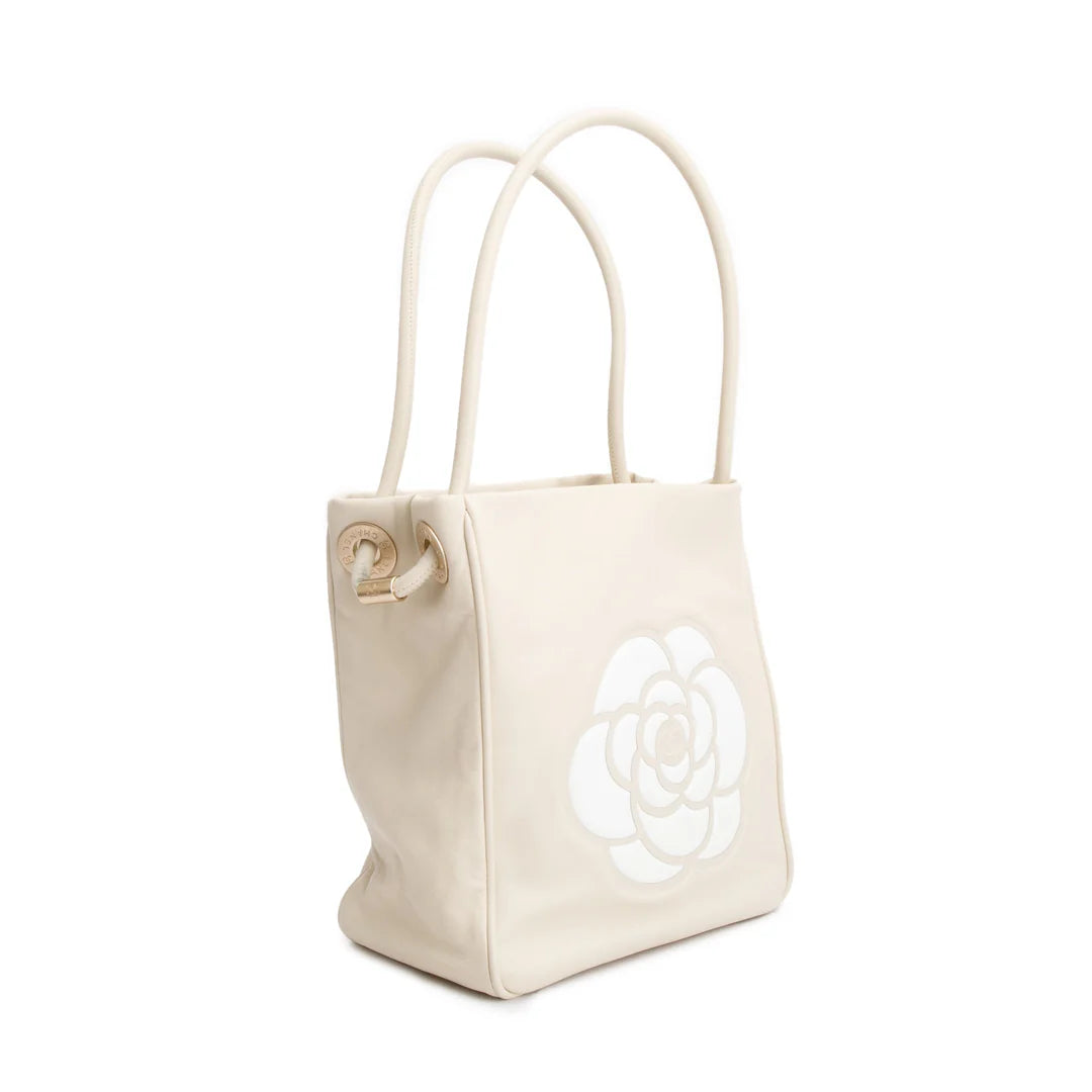 Beige Lambskin Leather Camellia Tote Bag