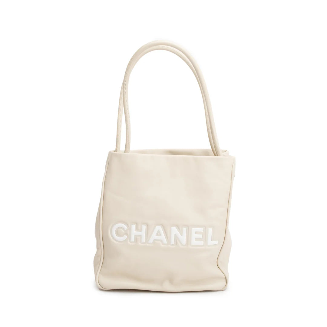 Beige Lambskin Leather Camellia Tote Bag