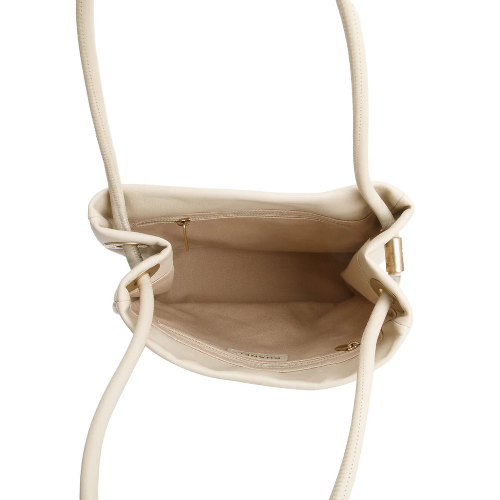 Beige Lambskin Leather Camellia Tote Bag