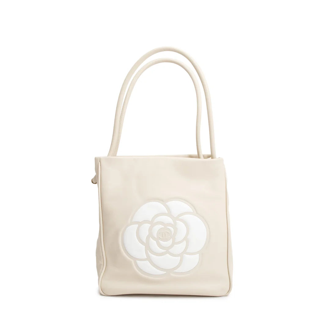Beige Lambskin Leather Camellia Tote Bag