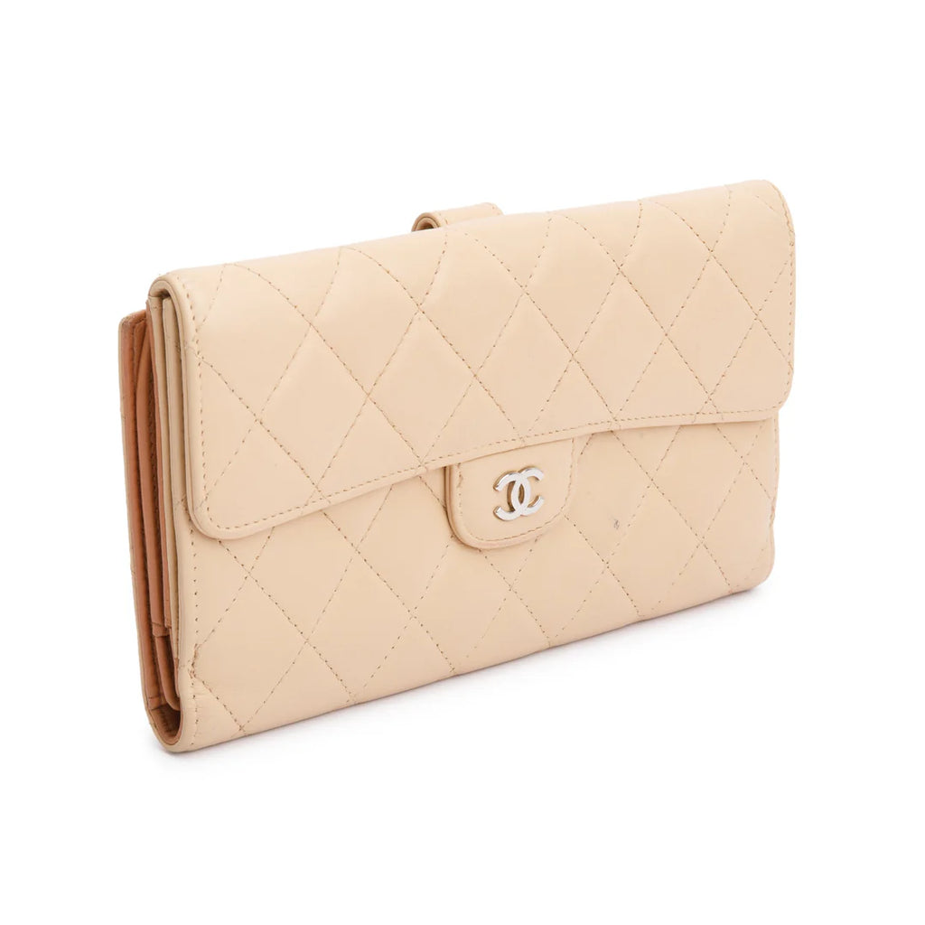 Beige Lambskin Leather Continental Flap Wallet