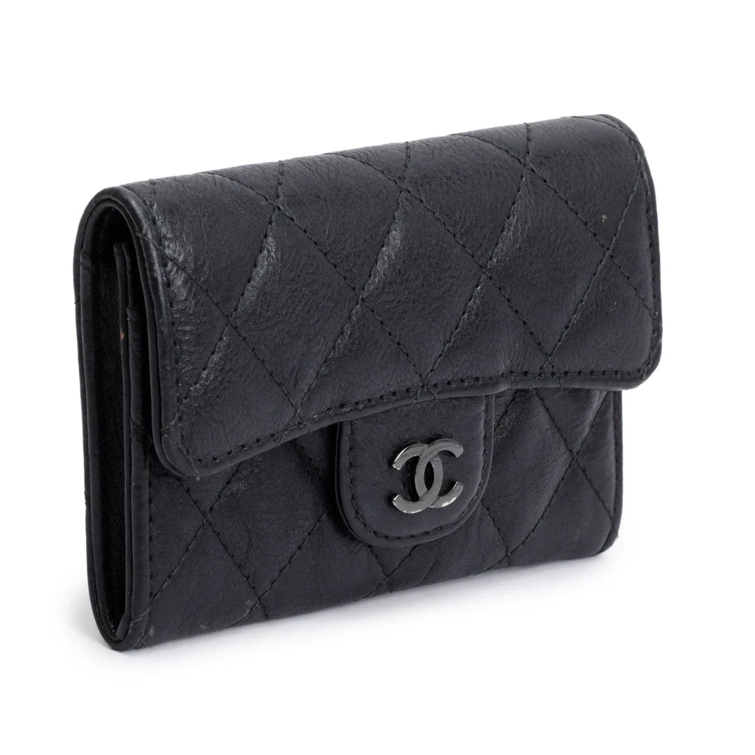 Black Calfskin Leather Classic Flap Card Holder