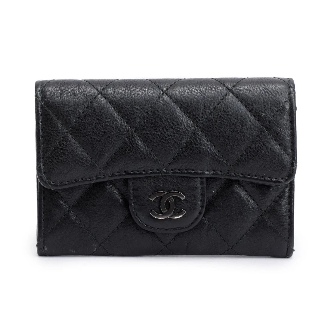 Black Calfskin Leather Classic Flap Card Holder
