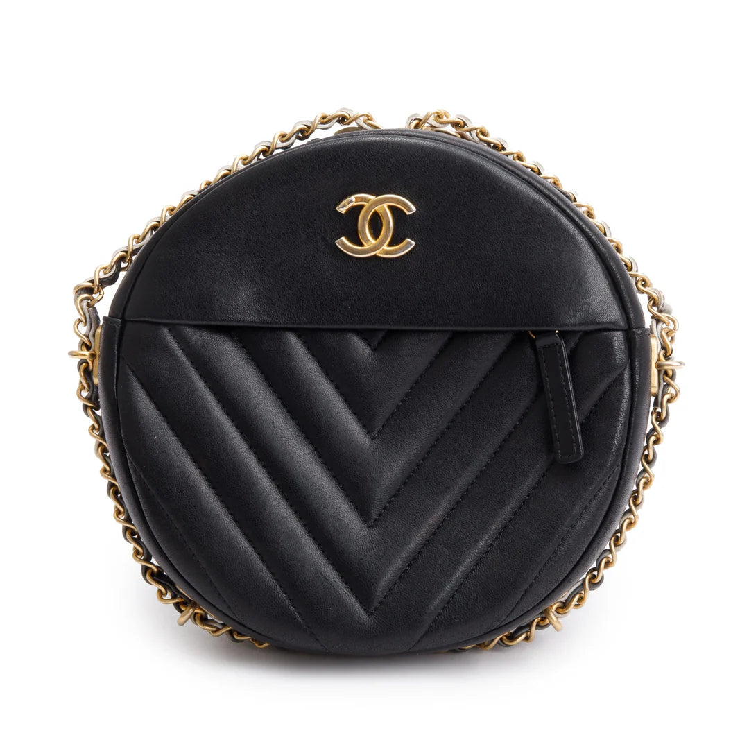 Black Chevron Leather Round as Earth Crossbody Bag