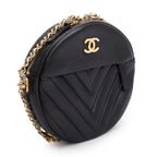 Black Chevron Leather Round as Earth Crossbody Bag