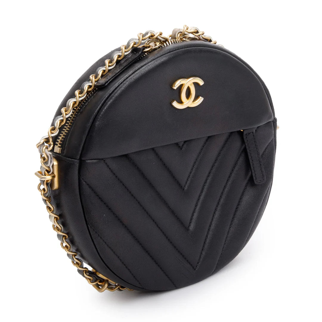 Black Chevron Leather Round as Earth Crossbody Bag