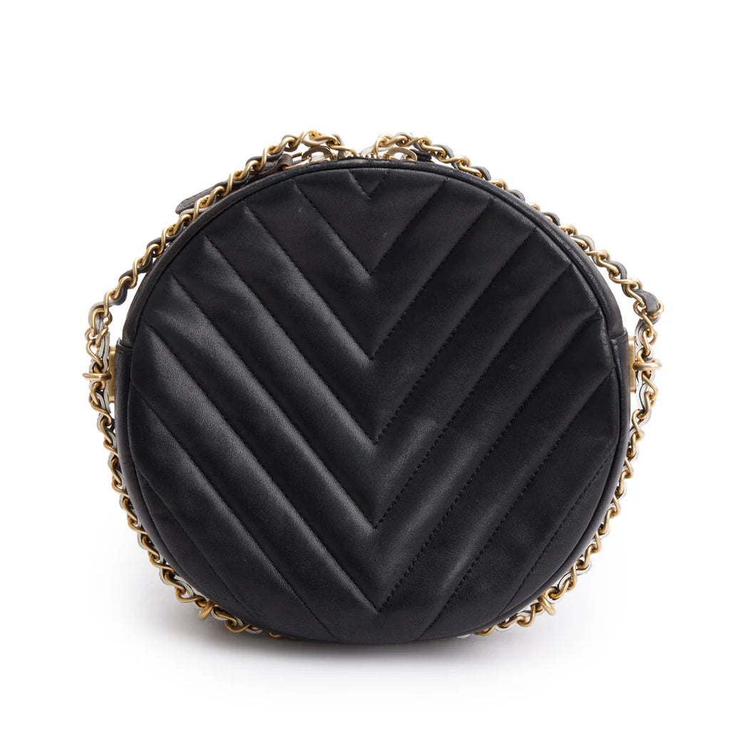 Black Chevron Leather Round as Earth Crossbody Bag