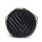 Black Chevron Leather Round as Earth Crossbody Bag