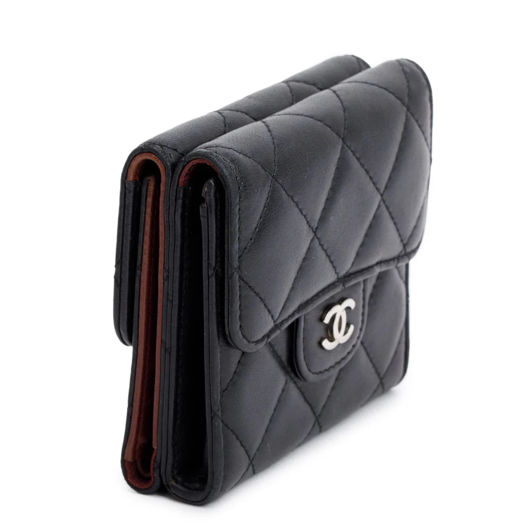 Black Lambskin Leather Double Sided Compact Wallet
