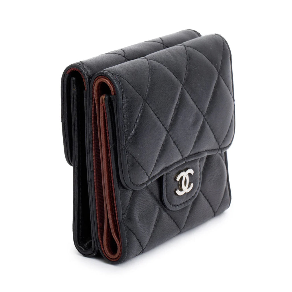 Black Lambskin Leather Double Sided Compact Wallet