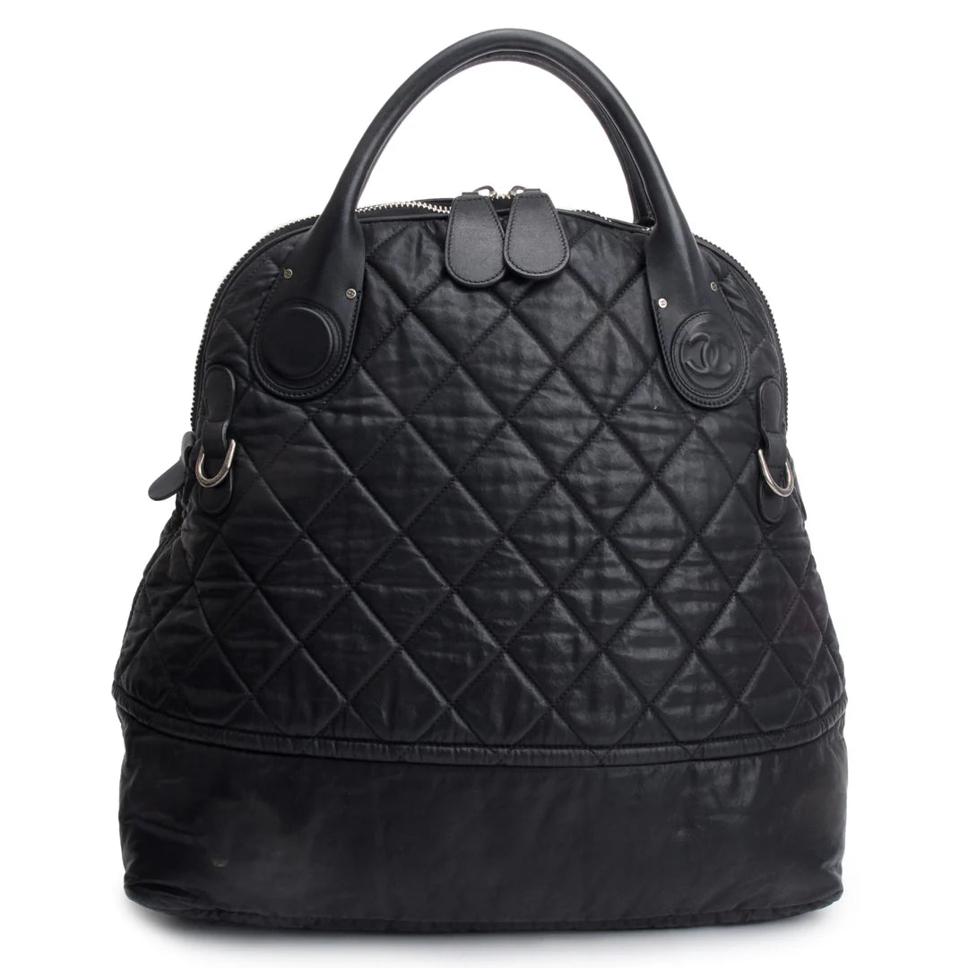 Black Quilted Calfskin Leather Expandable Travel Bag w/ Strap