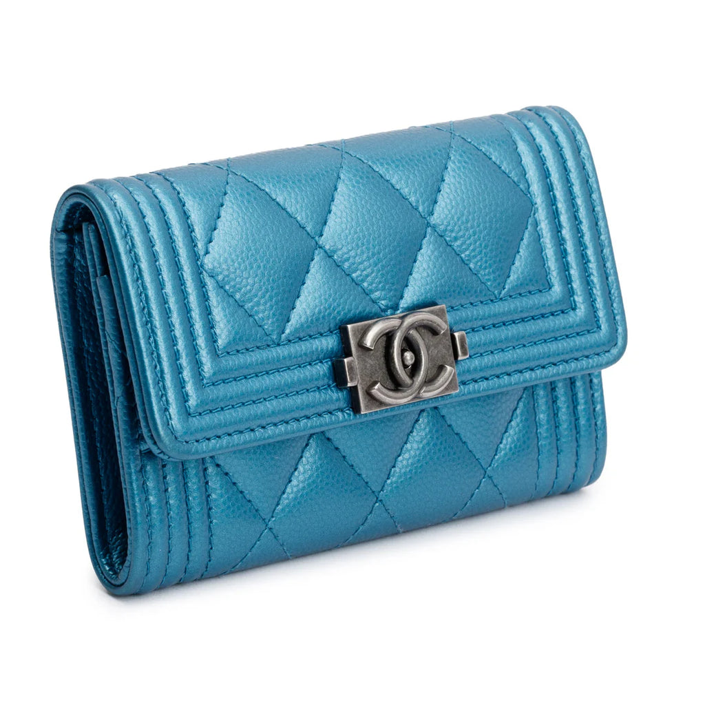Blue Metallic Caviar Boy Flap Card Holder w/ Authenticity Card