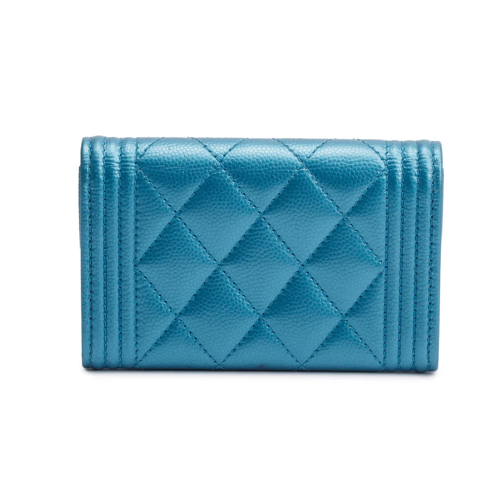 Blue Metallic Caviar Boy Flap Card Holder w/ Authenticity Card