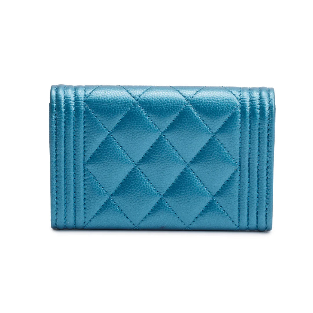 Blue Metallic Caviar Boy Flap Card Holder w/ Authenticity Card