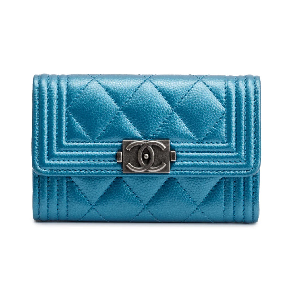 Blue Metallic Caviar Boy Flap Card Holder w/ Authenticity Card