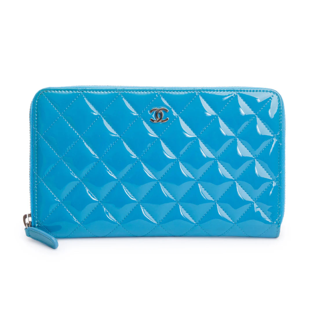 Blue Patent Leather Large Zip Around Organizer Wallet w/ Box &amp; Authenticity Card
