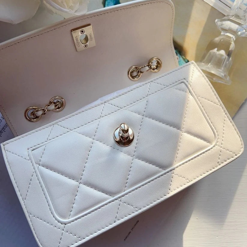 Chanel CC Front Pocket Flap Bag Stitched Calfskin Small White Coeur Cult Core