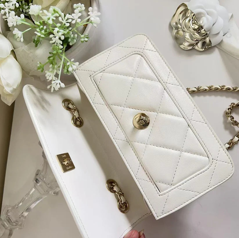 Chanel CC Front Pocket Flap Bag Stitched Calfskin Small White Coeur Cult Core