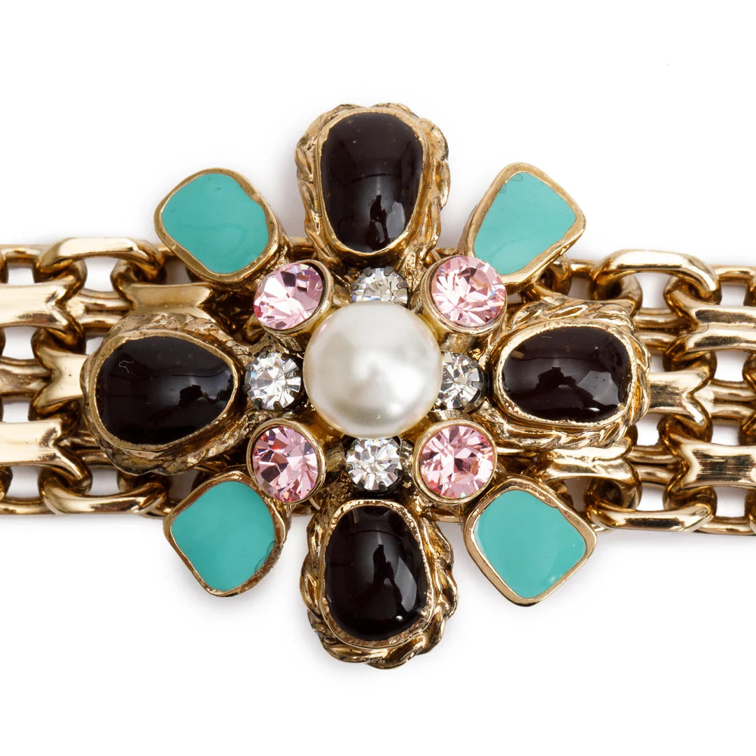 Gold Plated Resin, Enamel, Faux Pearl &amp; Crystal Cluster Reissue Chain Bracelet