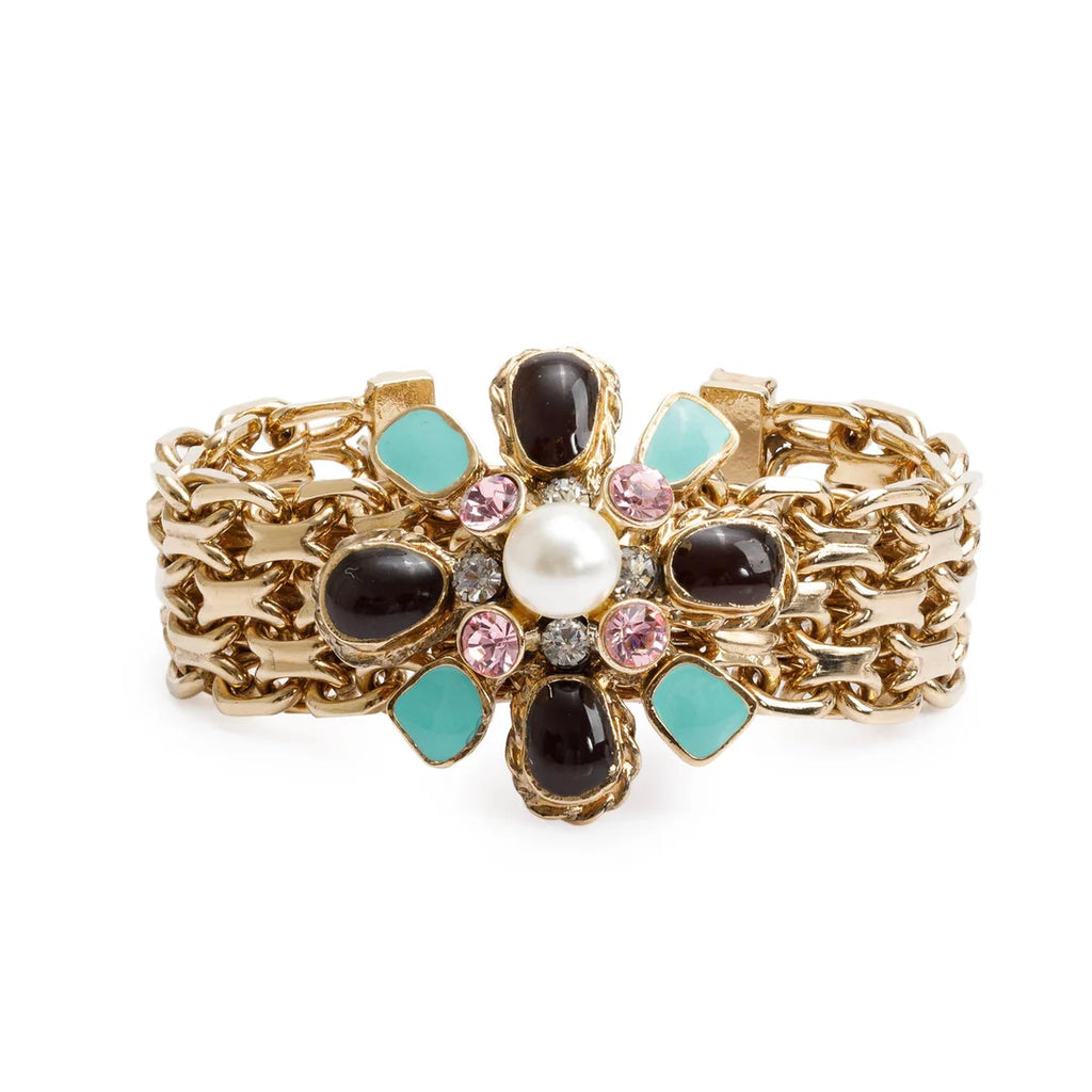 Gold Plated Resin, Enamel, Faux Pearl &amp; Crystal Cluster Reissue Chain Bracelet