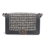 Grey Calfskin Leather Braided Tweed Old Medium Boy Bag w/ Authenticity Card