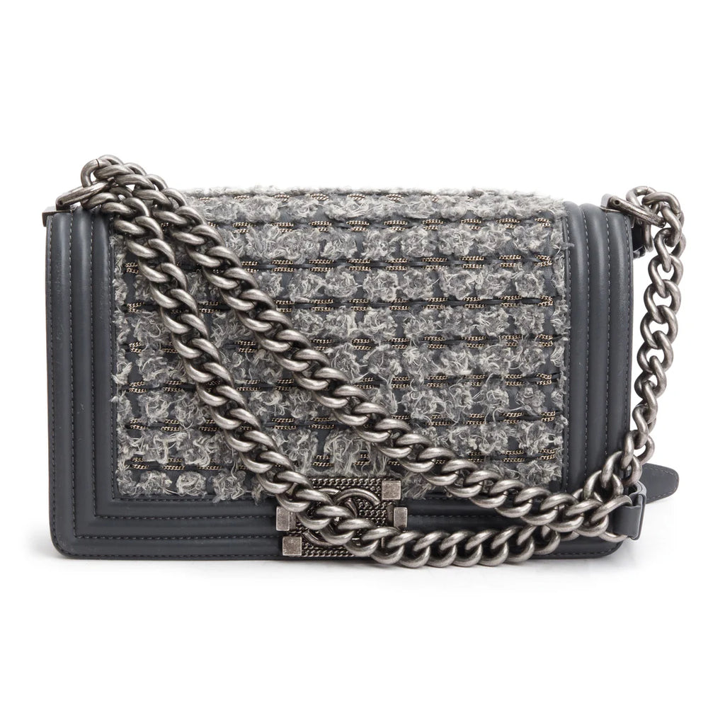 Grey Calfskin Leather Braided Tweed Old Medium Boy Bag w/ Authenticity Card