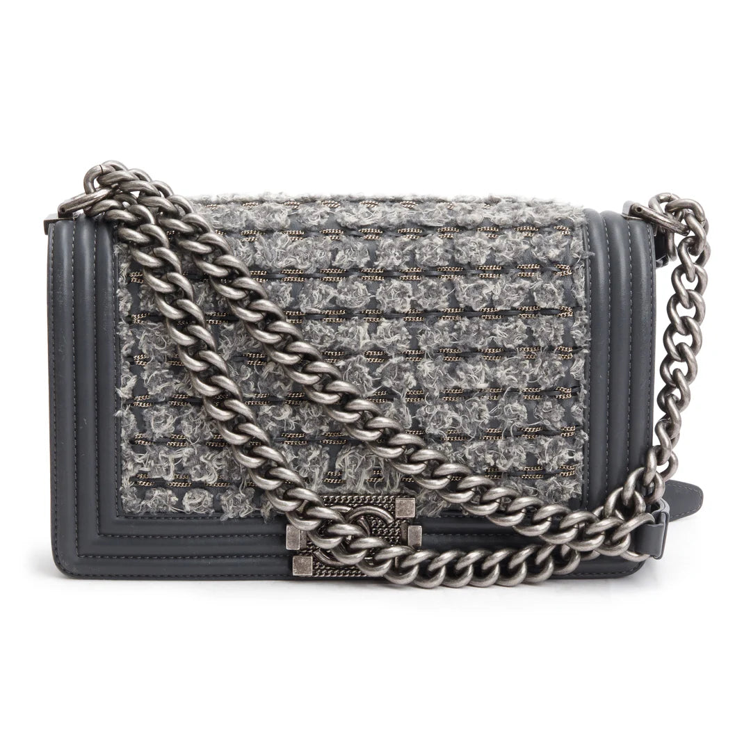 Grey Calfskin Leather Braided Tweed Old Medium Boy Bag w/ Authenticity Card