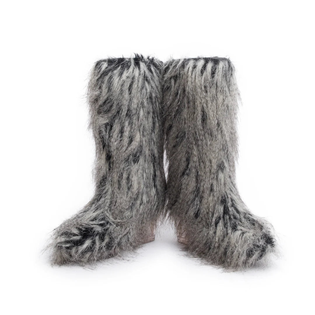 Grey Fantasy Fau Fur Icicle Heel Mukluks Boots, Size 38 Coeur Cult Core