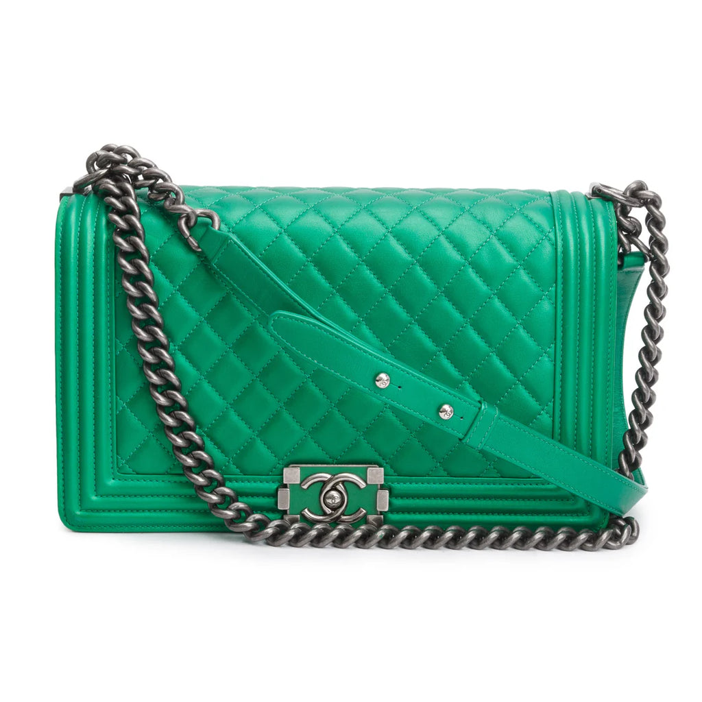 Metallic Green Quilted Calfskin Leather New Medium Boy Bag