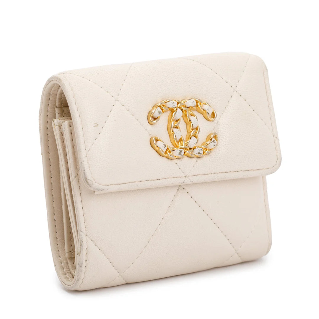 White Quilted Leather Small 19 Flap Wallet w/ Authenticity Card