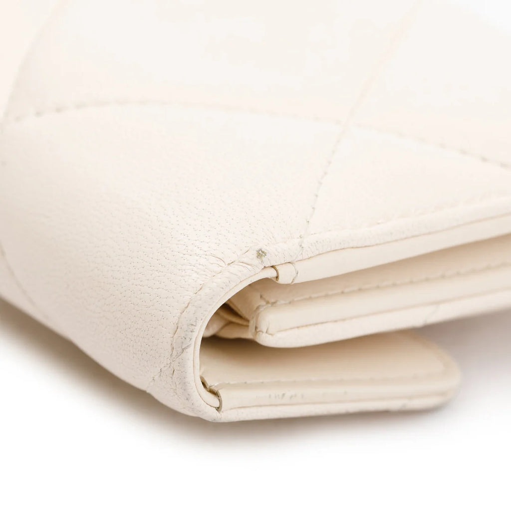 White Quilted Leather Small 19 Flap Wallet w/ Authenticity Card