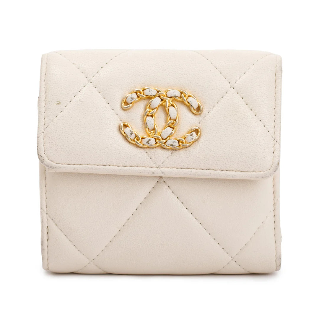 White Quilted Leather Small 19 Flap Wallet w/ Authenticity Card