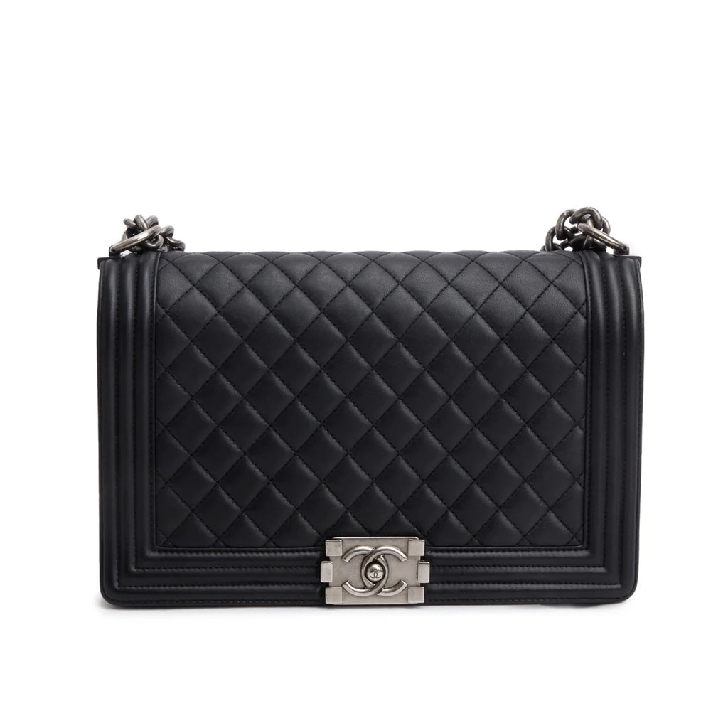 Black Quilted Lambskin Leather Large Boy Bag