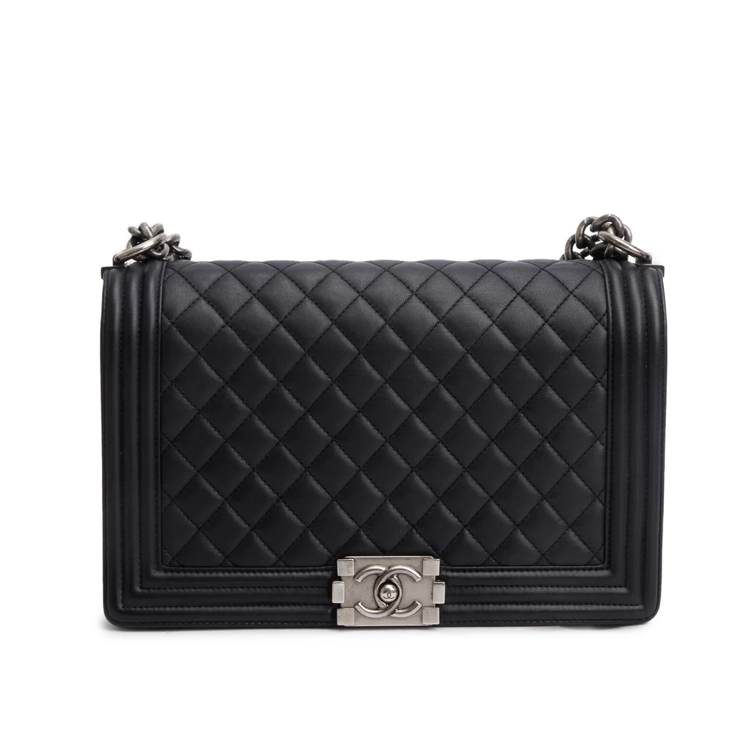 Black Quilted Lambskin Leather Large Boy Bag